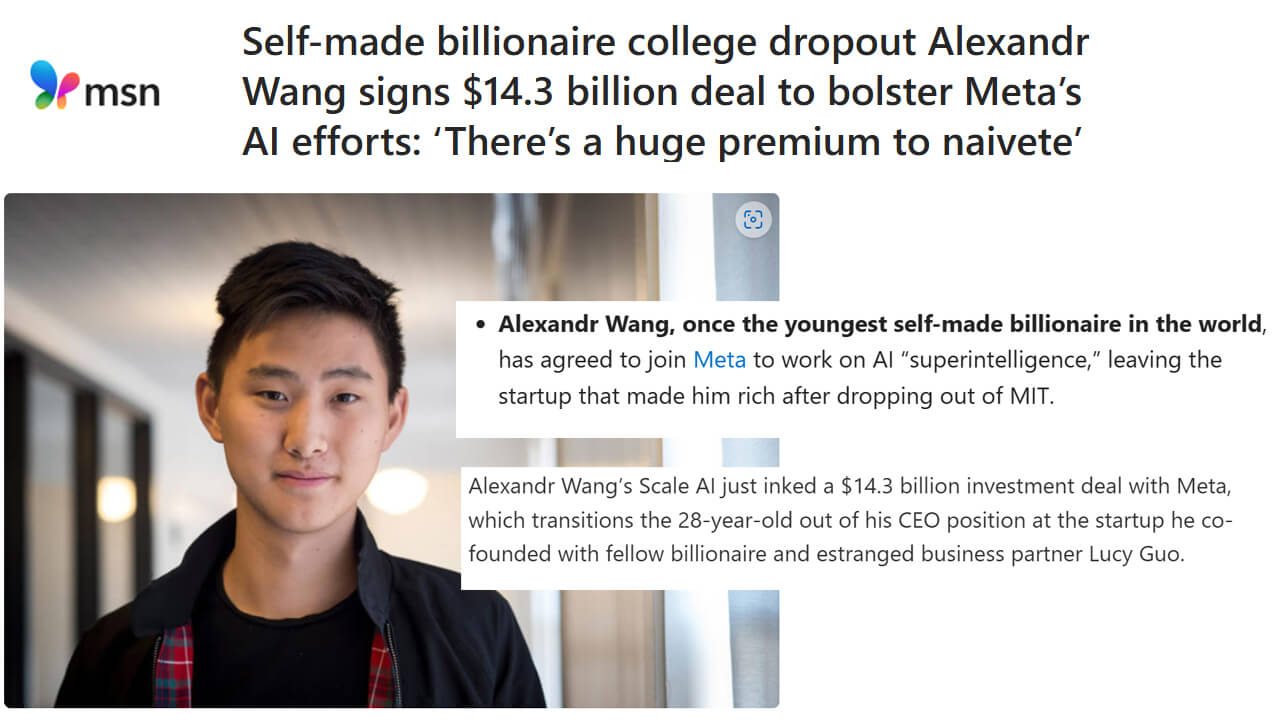 AI Disrupts Traditional Success: Billionaire Dropout Alexandr Wang’s $14.3B Meta Deal Proves Not All Graduates Succeed, and Not All Dropouts Fail