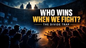 The Divide Trap in the Age of AI showing divided crowds arguing while an observer watches from above