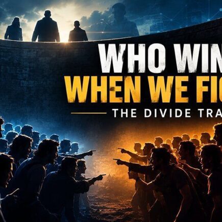 The Divide Trap in the Age of AI showing divided crowds arguing while an observer watches from above