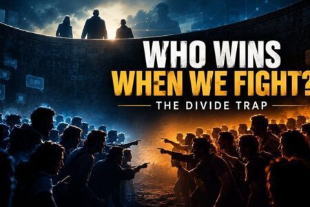 The Divide Trap in the Age of AI showing divided crowds arguing while an observer watches from above