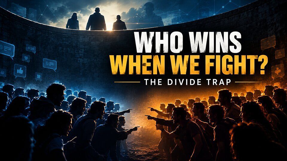 The Divide Trap in the Age of AI showing divided crowds arguing while an observer watches from above