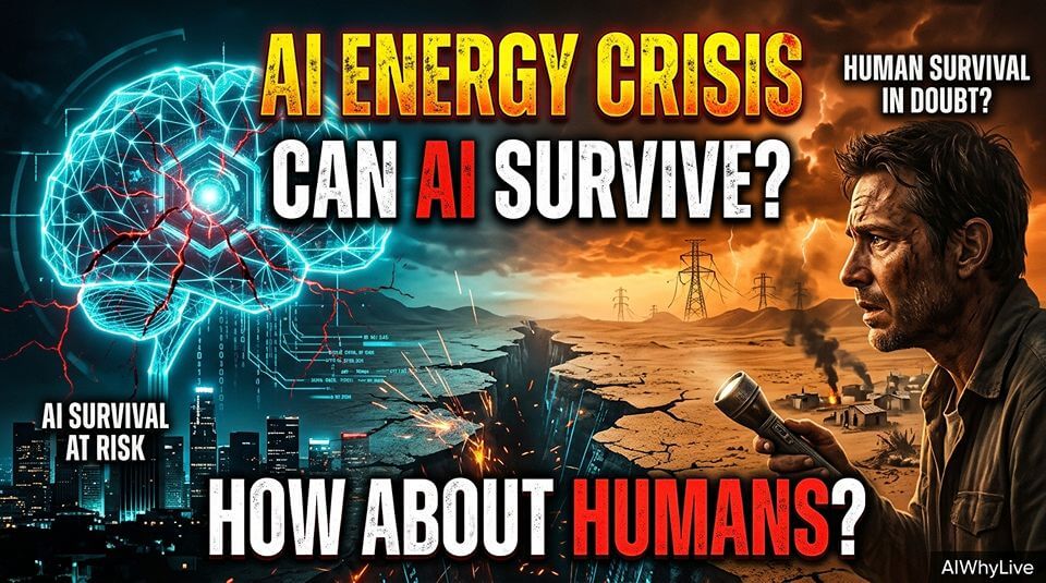 AI energy crisis showing AI data centers and human communities competing for limited electricity infrastructure