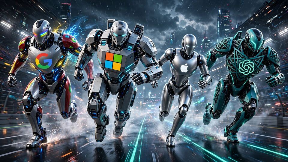 AI OS race in 2026 between Google Microsoft Apple and OpenAI
