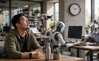 Man observing robotic assistants at work