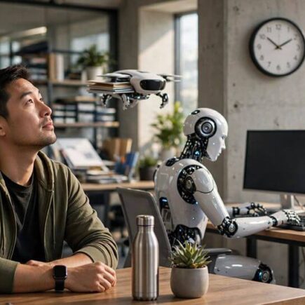 Man observing robotic assistants at work