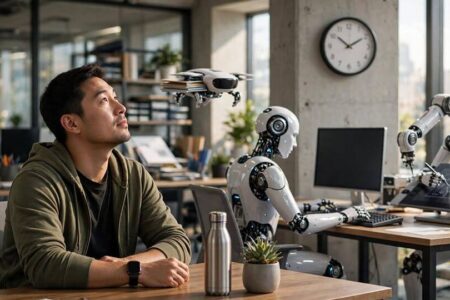 Man observing robotic assistants at work