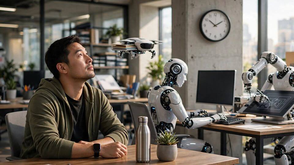 Man observing robotic assistants at work