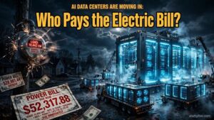 AI data center beside a residential community connected to the same electricity grid