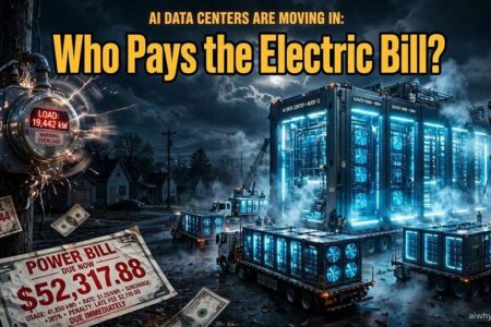 AI data center beside a residential community connected to the same electricity grid
