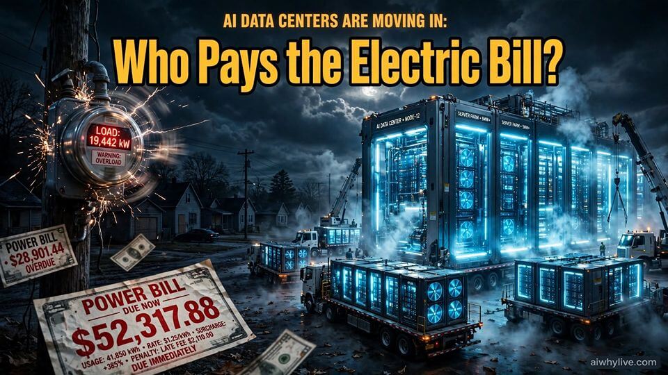 AI data center beside a residential community connected to the same electricity grid