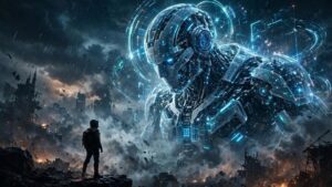 Futuristic robot towers over human