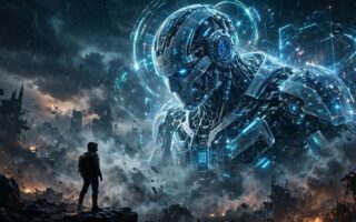 Futuristic robot towers over human
