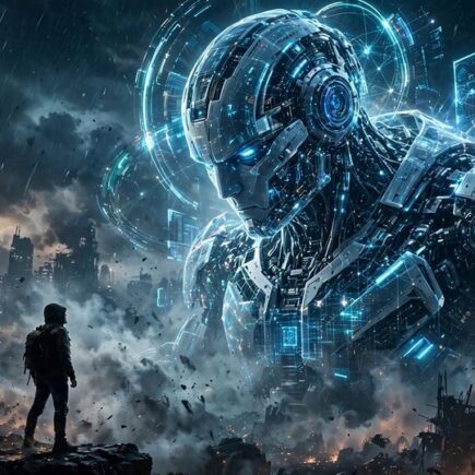 Futuristic robot towers over human