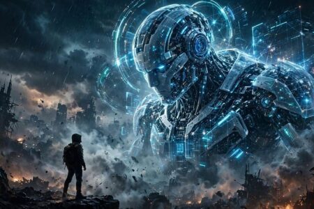 Futuristic robot towers over human