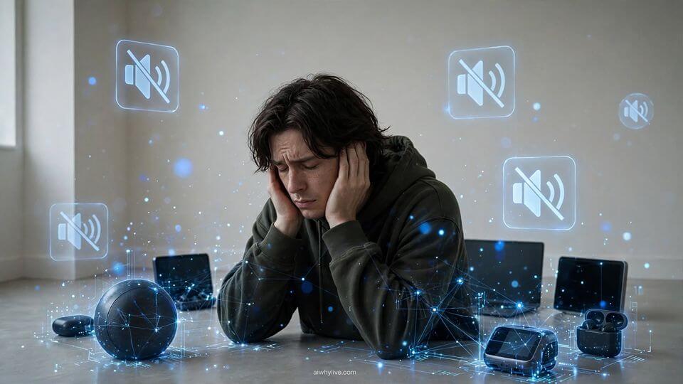 Person sitting quietly while smartphone notifications and artificial intelligence compete for attention