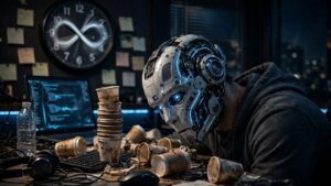 Robot with messy workspace and clock