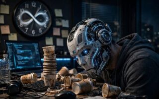 Robot with messy workspace and clock