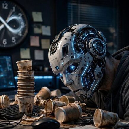 Robot with messy workspace and clock