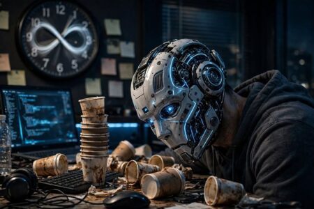 Robot with messy workspace and clock