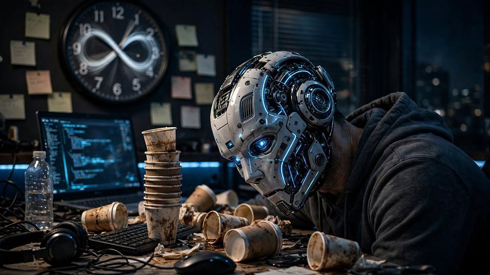 Robot with messy workspace and clock