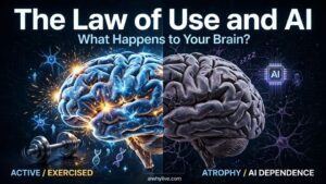 Human brain connected to artificial intelligence illustrating cognitive offloading and the Law of Use