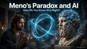 Socrates facing an artificial intelligence interface illustrating Meno's Paradox in the Age of AI