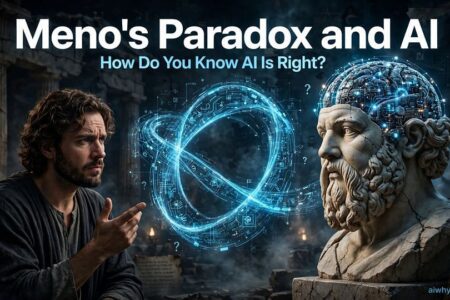 Socrates facing an artificial intelligence interface illustrating Meno's Paradox in the Age of AI