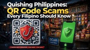 Filipino smartphone user scanning a suspicious QR code in a quishing scam warning