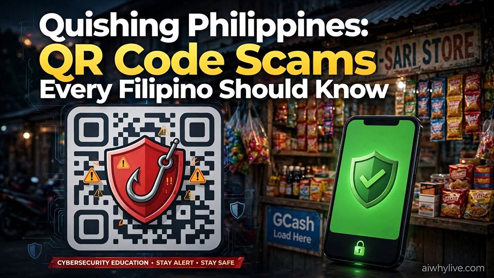 Filipino smartphone user scanning a suspicious QR code in a quishing scam warning